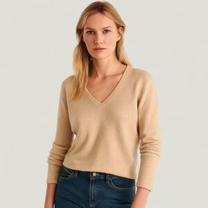 Lands’ End Cashmere V-Neck Cropped Sweater Light Camel | Soft Neutral Knit‎ Sz 6